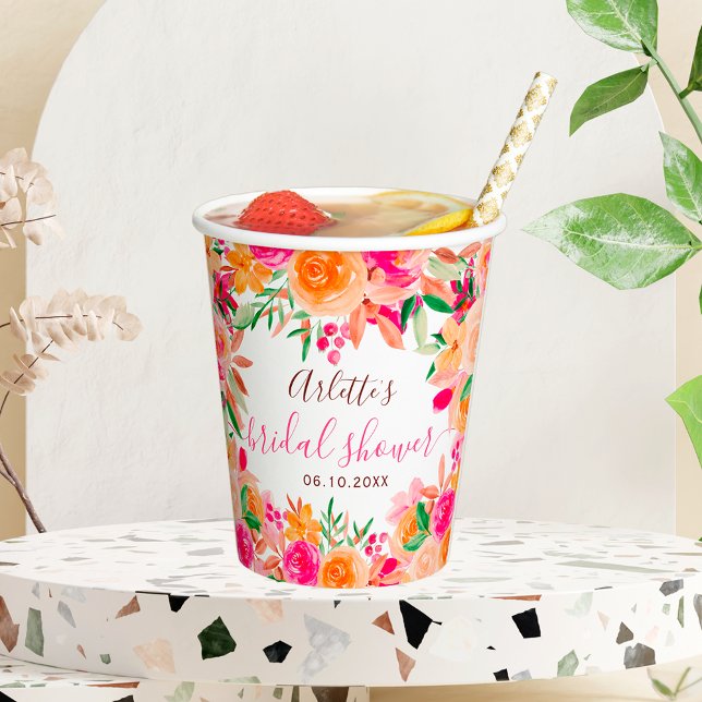 Dicke fallflorale Aquarellfarben Chic Brautparty Pappbecher (Bold fall floral watercolor chic bridal shower paper cups)