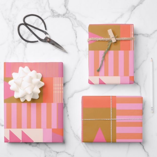 Dicke geometrische Muster in Rosa und Orange  Geschenkpapier Set (Vorderseite)
