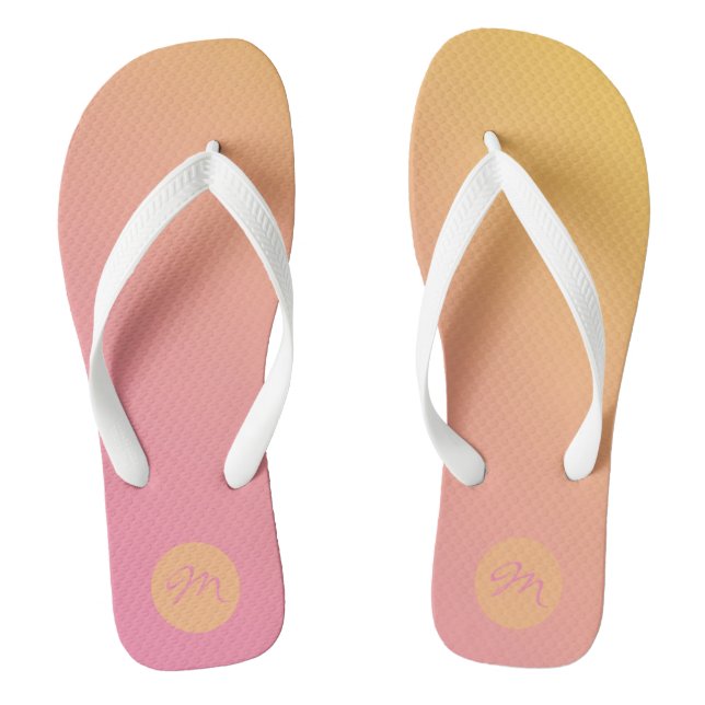 Dicke glänzende Monogramm rosa gelbe Sommer Flip Flops (Fußbett)