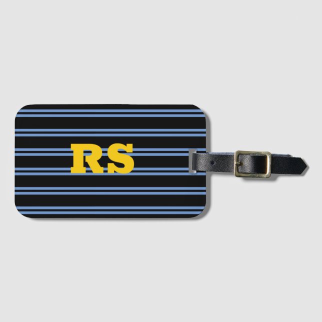 Dicke Goldmonogramm, Name, blaue Linien auf schwar Gepäckanhänger (Vorderseite (Horizontal))