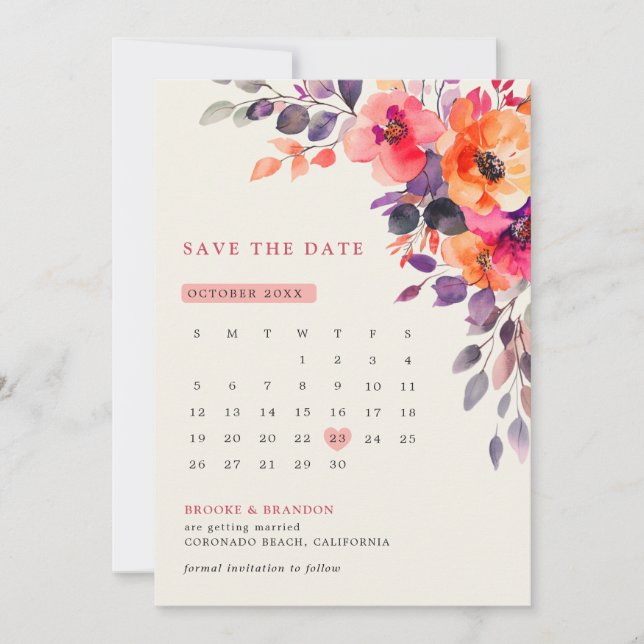 Dicke, hellrosa Orangefarbene Blumenzehen Save The Date (Vorderseite)