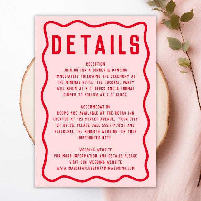 Dicke, hellrosa Rot Squiggle Wavy Retro Hochzeit Begleitkarte (Bold Bright Pink Red Squiggle Wavy Retro Wedding Enclosure Card)