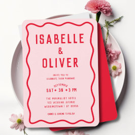 Dicke, hellrosa Rot Squiggle Wavy Retro Hochzeit Einladung