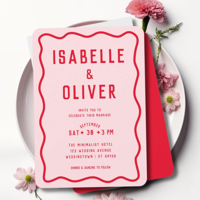 Dicke, hellrosa Rot Squiggle Wavy Retro Hochzeit Einladung (Von Creator hochgeladen)