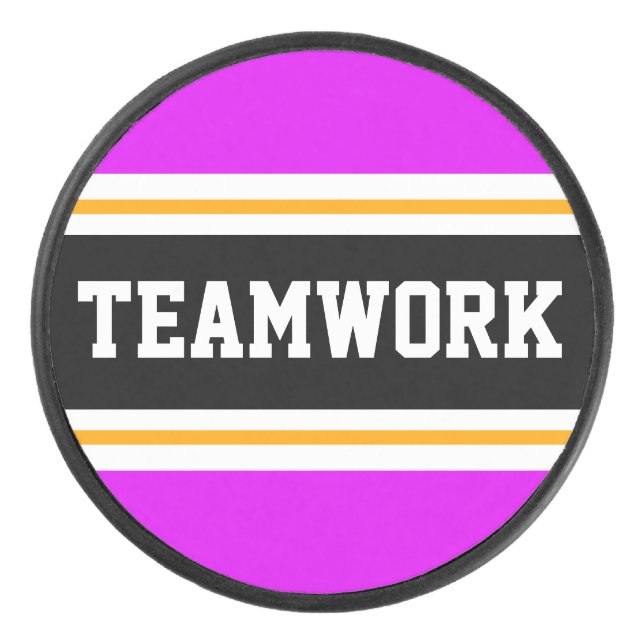 Dicke, hellrosa, schwarze TEAMWORK Racing Stripes Eishockey Puck (Vorderseite)
