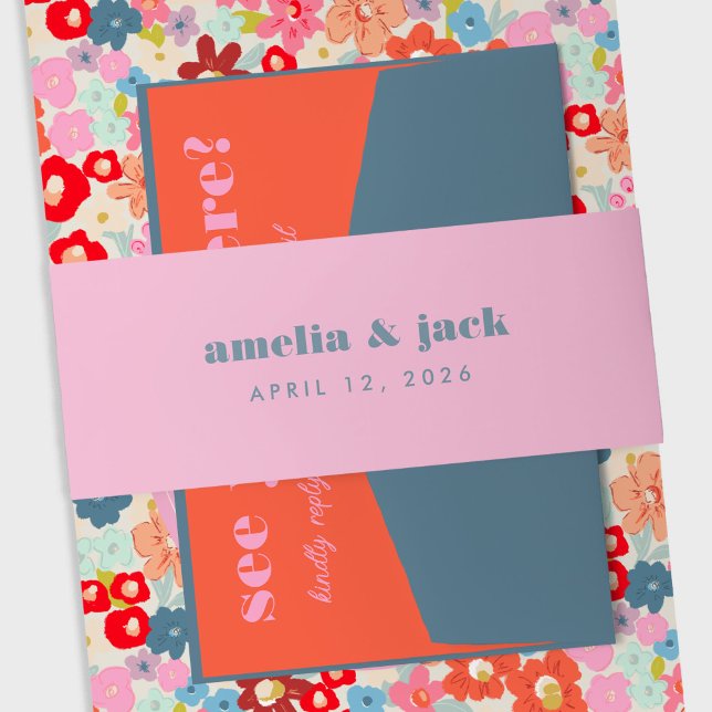 Dicke, hellrosa und blaue Typografie-Hochzeit Einladungsbanderole (Bold Bright Pink and Blue Typography Wedding Invitation Belly Band)