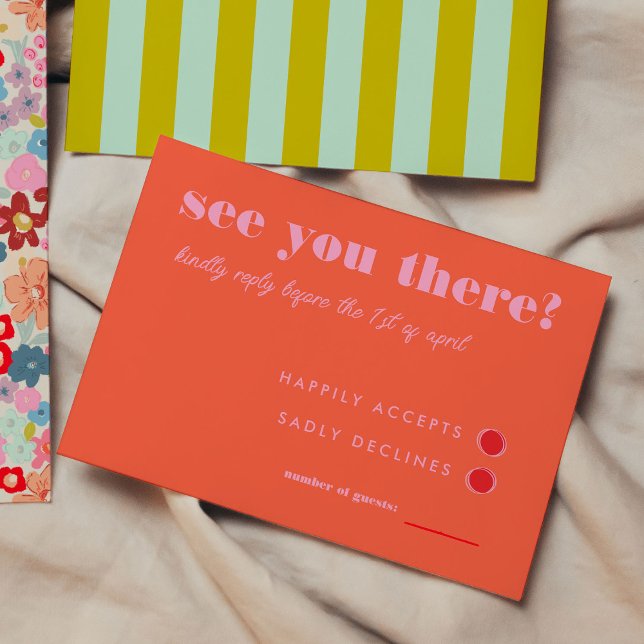 Dicke, hellrot und rosa Einfache UAWG Wedding RSVP Karte (See You There - Bold Bright Red and Pink Simple RSVP Wedding, green and mint green stripes on back)