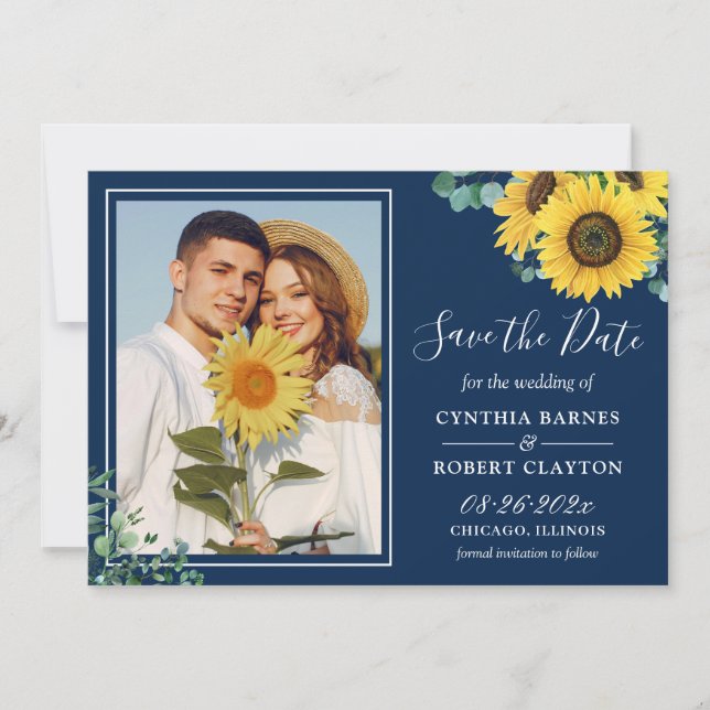Dicke Hochzeit von Navy Yellow Sunflower Foto Save The Date (Vorderseite)