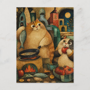 Dicke Katzen kochen Abendessen Postkarte