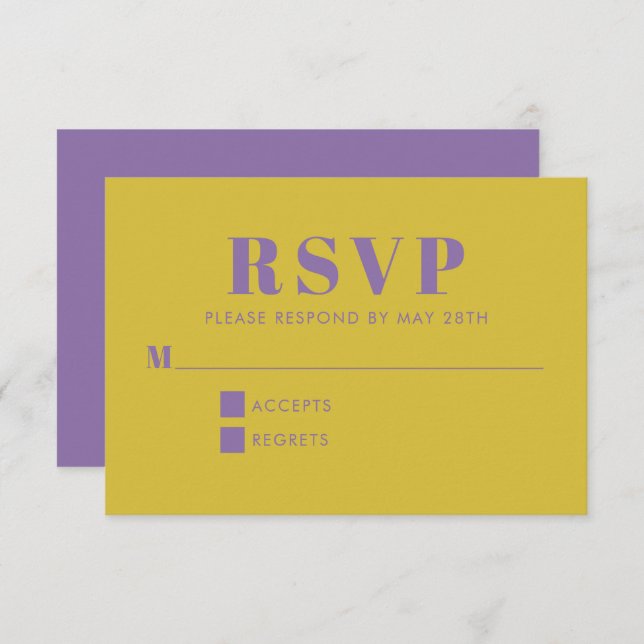 Dicke Lila und gelbe Typografie Moderne Hochzeit RSVP Karte (Vorne/Hinten)