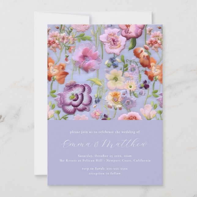 Dicke Lila und orangefarbene botanische Stickerei Einladung (Vorderseite)