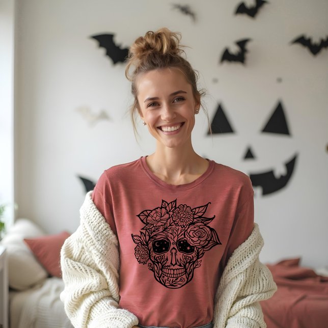 Dicke Linie Gezeichnet Schwarz-Weiß-Blütenzucker S Tri-Blend Shirt (Bold Line Drawn Black & White Floral Sugar Skull Tri-Blend Shirt)