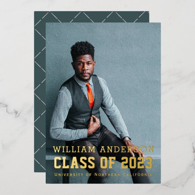 Dicke Minimalistische Foto Navy Blue Graduation Pa Folieneinladung (Vorderseite/Rückseite)