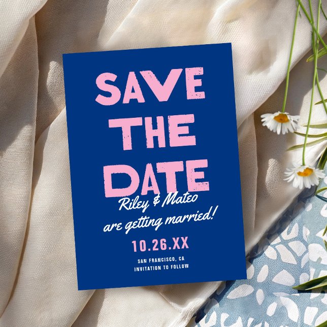 Dicke moderne Art Funky farbenfrohe blaue rosa Hoc Save The Date (Von Creator hochgeladen)