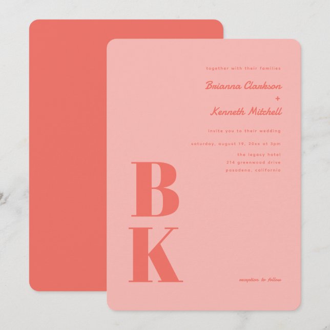 Dicke moderne Koralle mit rosa Monogramm Hochzeit Einladung (Vorne/Hinten)