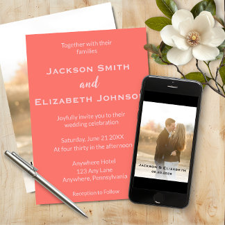 Dicke moderne Korallen und rosa Foto Hochzeit Einladung