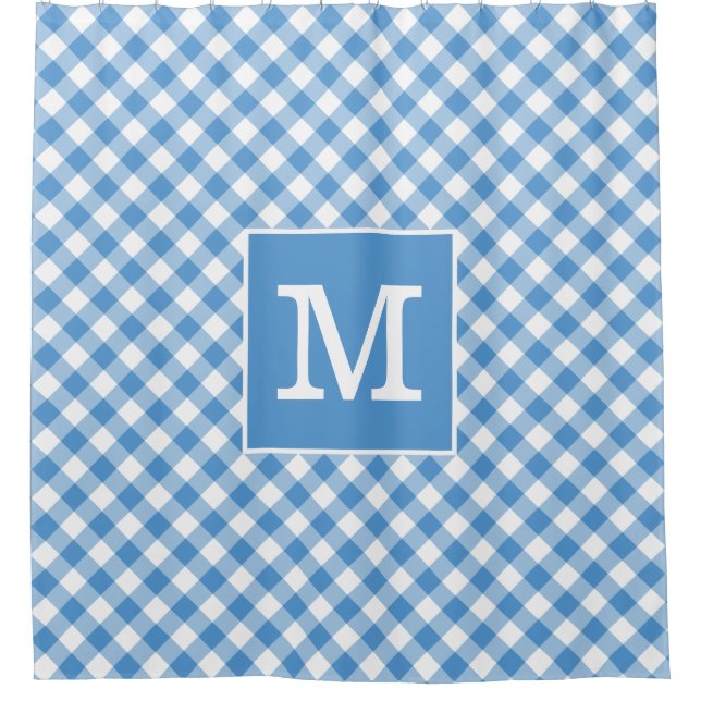 Dicke Monogram Light Blue und White Gingham Muster Duschvorhang (Vorderseite)