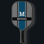 Dicke Monogramm & Name Ocean Blue Grau Black Strip Pickleball Schläger<br><div class="desc">Personalisieren Sie Ihre Monogramm und Ihren Namen in weißem,  fett gedrucktem Text auf blaue,  graue und schwarze Streifen.</div>