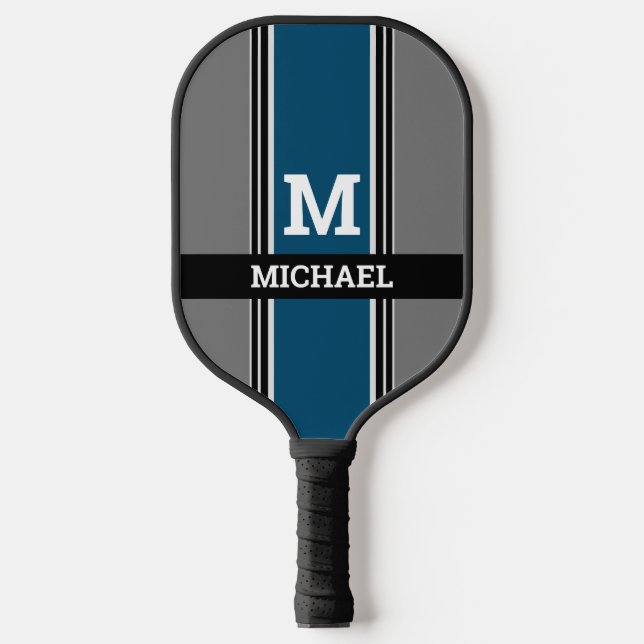 Dicke Monogramm & Name Ocean Blue Grau Black Strip Pickleball Schläger (Vorderseite)