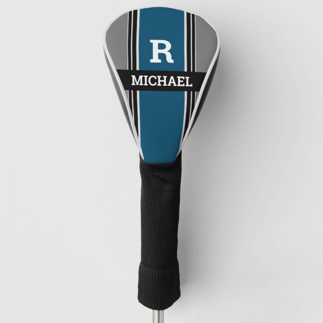 Dicke Monogramm & Name, Ocean Blue Gray Blk. Strei Golf Headcover (Vorderseite)