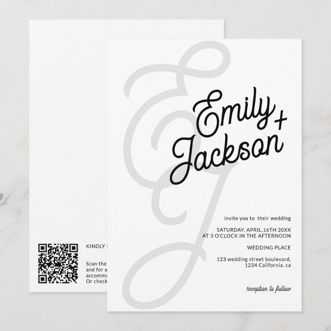 Dicke monogramm Pinselnamen schwarz qr Code Hochze Einladung (Vorne/Hinten)