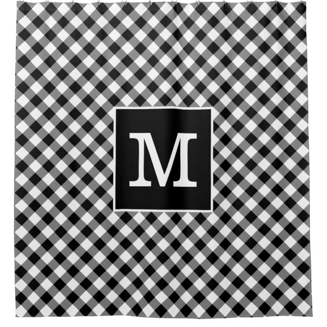 Dicke Monogramm Schwarz/Weiß Gingham Muster Duschvorhang (Vorderseite)