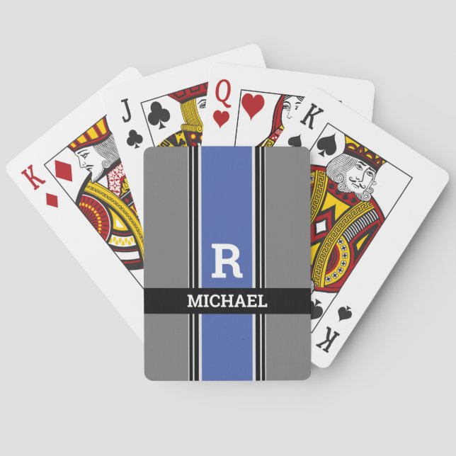 Dicke Monogramm und Name Med Blue Grau & Black Str Spielkarten (Rückseite)
