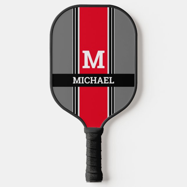 Dicke Monogramm und Name, rote, graue und schwarze Pickleball Schläger (Vorderseite)