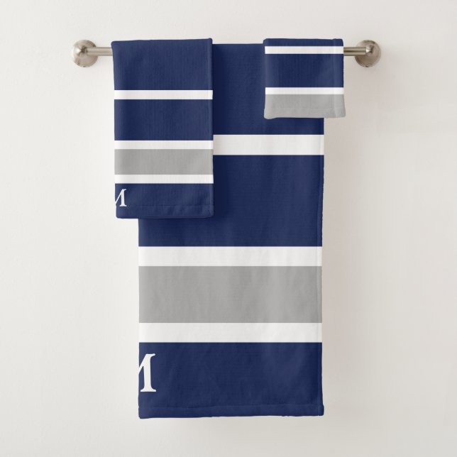 Dicke Navy Blue Grau Monogram Badetuch Set (Insitu)