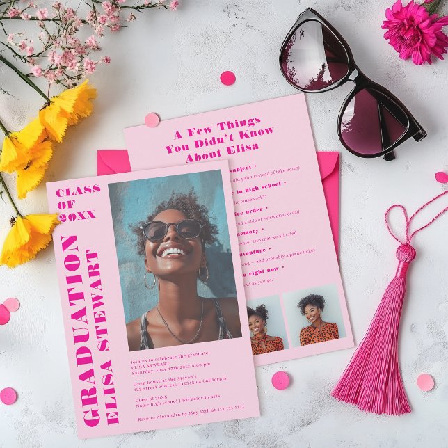 Dicke Neon Retro Pink Moderne 4 Fotos Abschluss Einladung (Bold Neon Retro Pink Modern 4 photos Graduation Invitation)