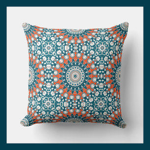 Dicke Orange & Aquamarin Mandala Geometrisches Tot Kissen