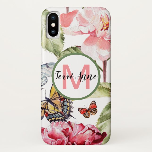 Dicke Peony-Blume und Schmetterlinge mit Monogramm Case-Mate iPhone Hülle (Rückseite)