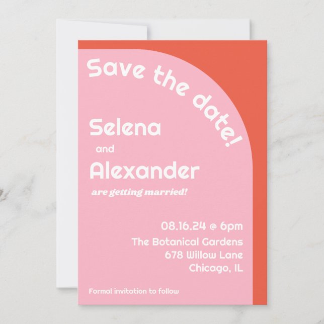 Dicke Retro Rosa & Orange farbenfrohe Hochzeit Save The Date (Vorderseite)