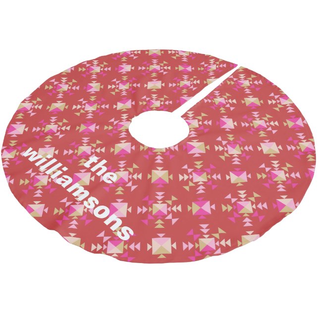 Dicke rosa rote goldene geometrische Personalisier Polyester Weihnachtsbaumdecke (Schrägansicht)