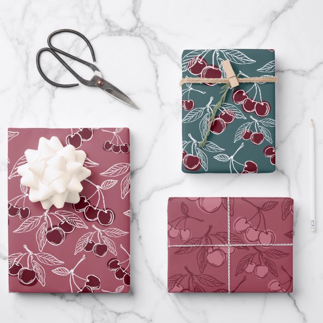 Dicke Rosa und Kirsche Rot und Türkis Girly Cherri Geschenkpapier Set (Vorderseite)