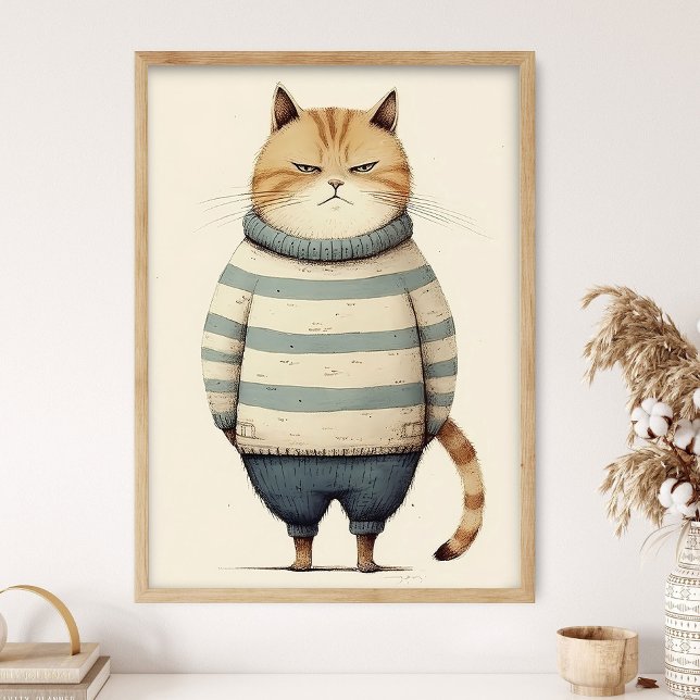 Dicke rote Katze in blauem Pullover, lustige Katze Poster (Von Creator hochgeladen)