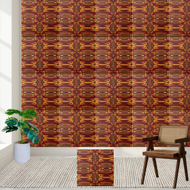 Dicke, rote und goldene afrikanische Druckfolie Fliese (Bold Red & Gold African Print Tile)