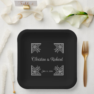 Dicke Schwarz-Weiß-Vintage-Hochzeit Pappteller