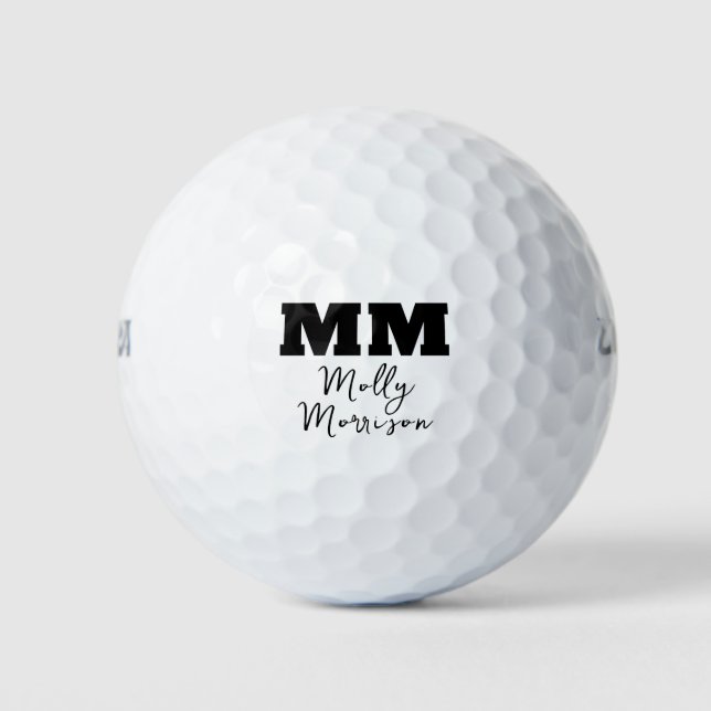 Dicke schwarze Kalligrafie Monogramm und Name Golfball (Vorderseite)