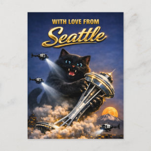 Dicke schwarze Katzenliebe vom Seattle Space Needl Postkarte