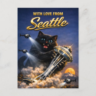 Dicke schwarze Katzenliebe vom Seattle Space Needl Postkarte