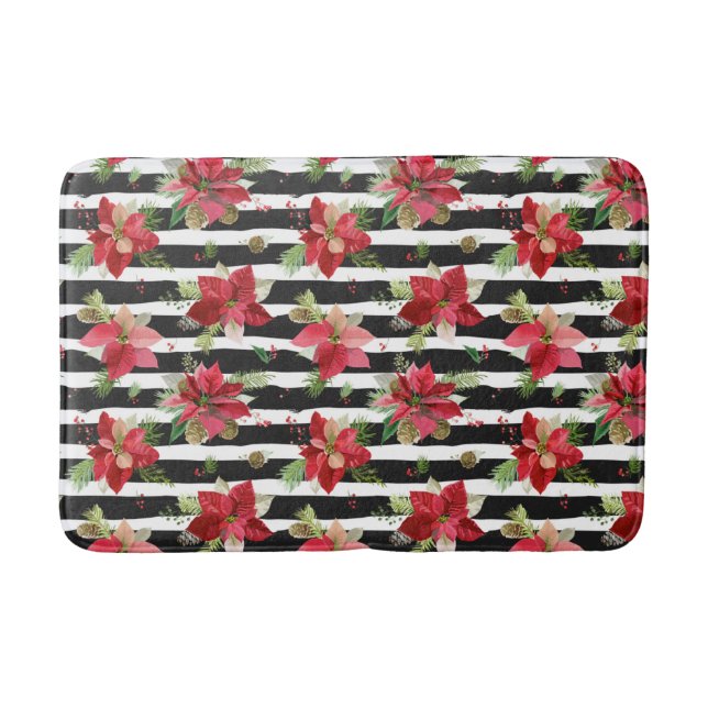Dicke schwarze Streifen mit Poinsettias Bath Mat Badematte (Vorderseite)