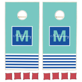 Dicke Streifen Weiß Aquamarin und Navy Blau Mit Mo