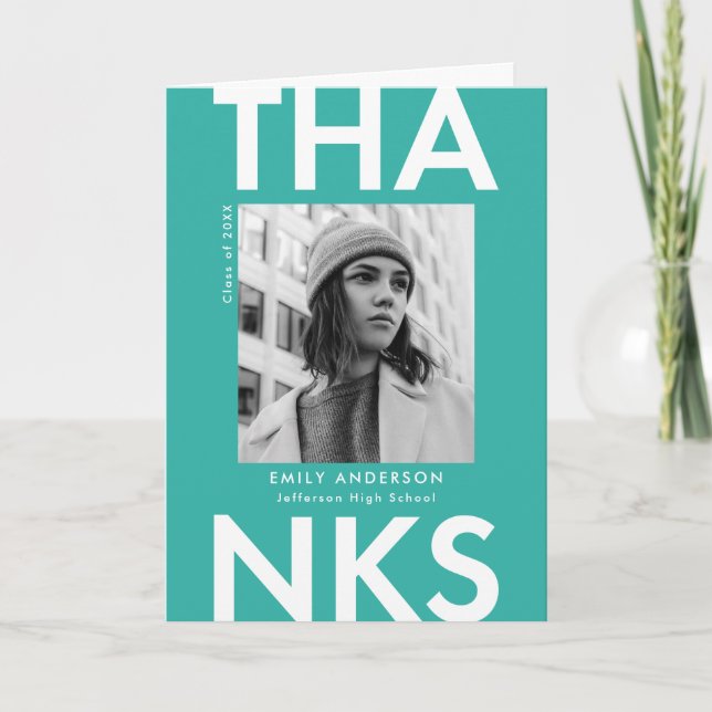 Dicke türkisfarbene Foto Abschluss Dankeskarte (Vorderseite)