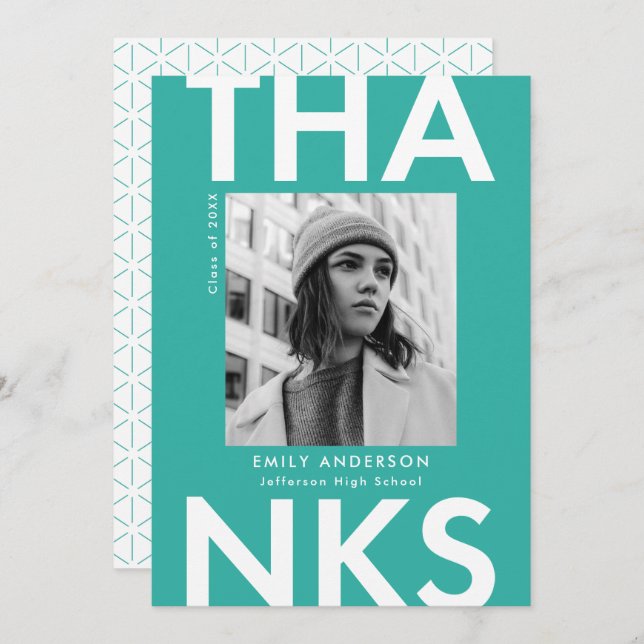 Dicke türkisfarbene Foto Abschluss Dankeskarte (Vorne/Hinten)