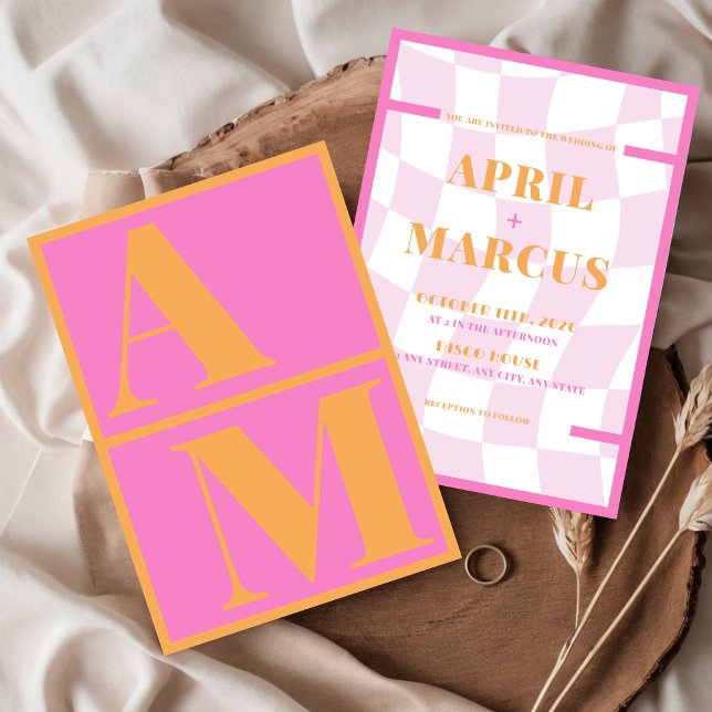 Dicke Typografie Vibranntrosa Orangenmonogramm Einladung (Orange Pink Bold Typography Wedding Invitation)
