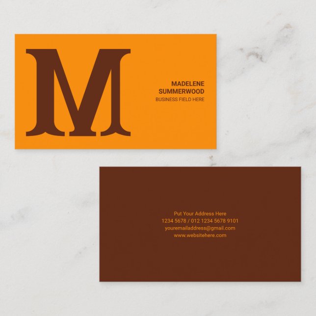 Dicke und moderne Monogramm in Orange & Brown Visitenkarte (Vorne/Hinten)
