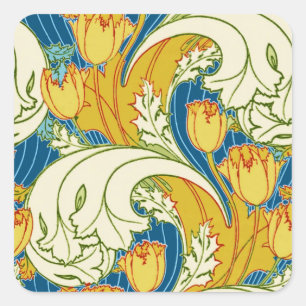 Dicke Vintage Tulip Blue Gold Green Floral Muster Quadratischer Aufkleber