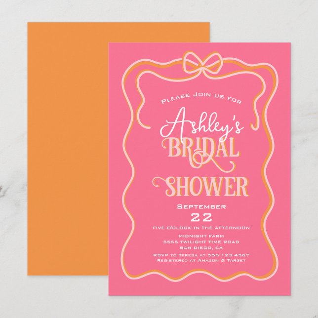 Dicke Wavy Frame Bow Rosa Orange Brautparty Einladung (Vorne/Hinten)
