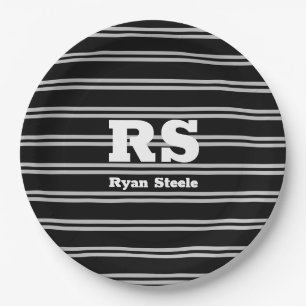 Dicke weiße Monogramm und Name, Lt Gray Lines auf Pappteller